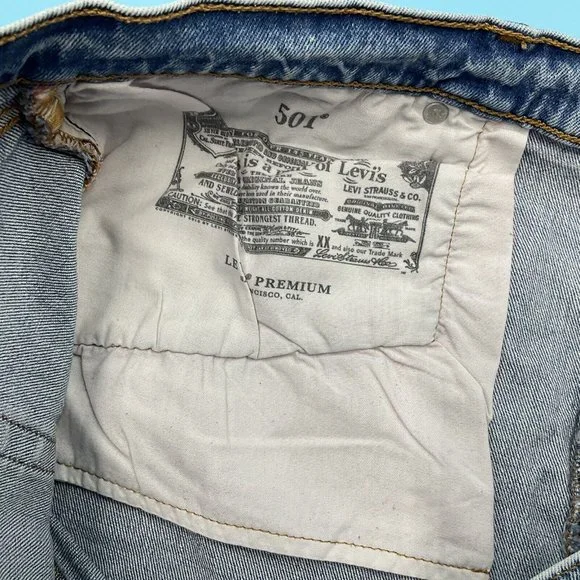 Levis 501 Blue Denim Distressed Stretch Shorts Button Fly Summer Casual W40 - Picture 8 of 12